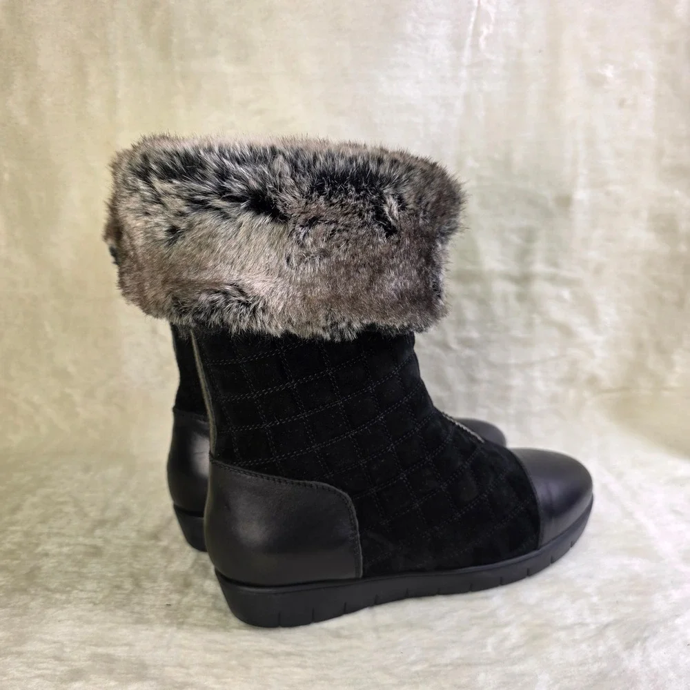 Aquatalia Quilted Mid Calf Snow Boots Faux Fur Trim Black Front Zip Women 7